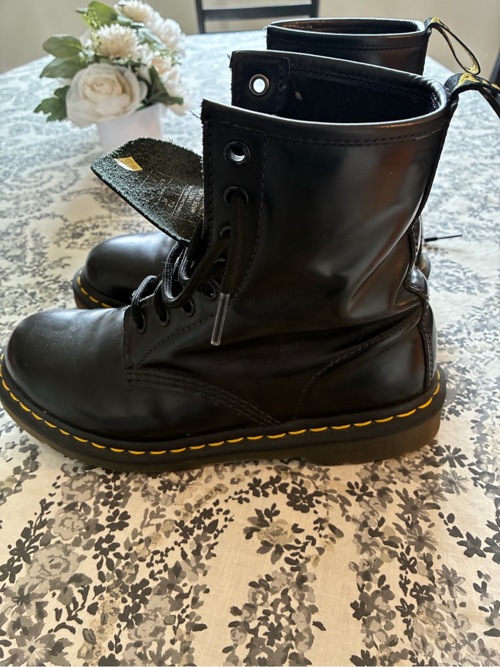 Dr. Martens Black Leather Combat Boots with Yellow Stitching Women’s size 7!!!!
